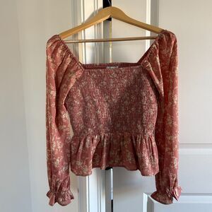 Paper Crane Rose Blush Floral Smocked Peplum Long Sleeve Top Small